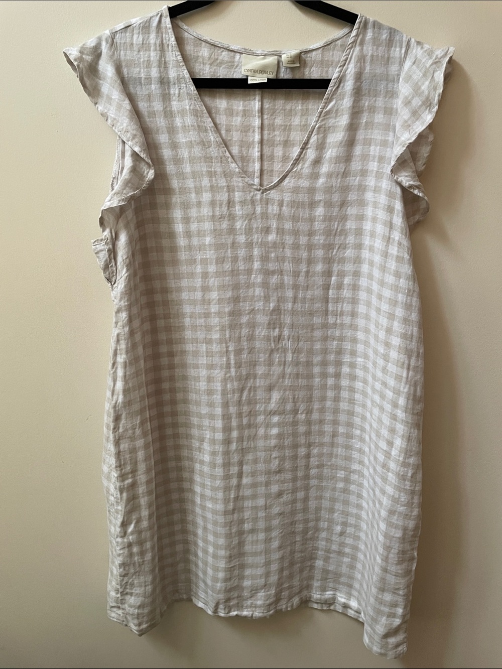 Cynthia Rowley Linen Gingham V-Neck Ruffle Sleeve Mini Dress